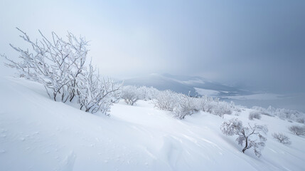 Obraz premium Serene Winter Forest with Snow-Covered Landscape, Highlighting the Solitude and Chill of Winter