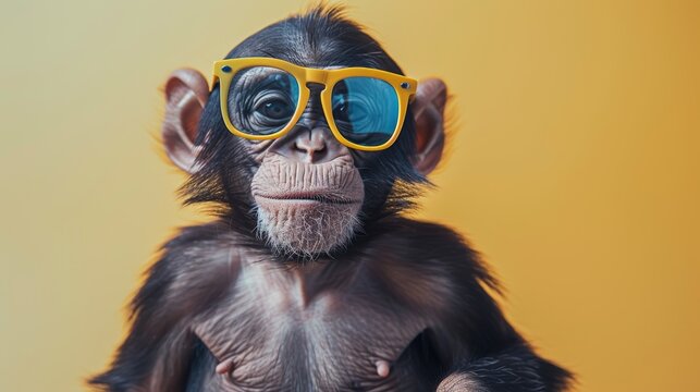 A cool monkey wearing sunglasses is sitting in front of a yellow background.