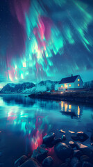 House, aurora borealis in the sky, sea, short exposure photography, vibrant colors, beautiful
