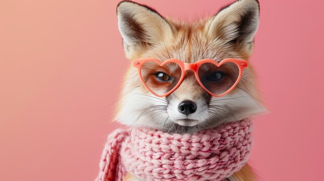 A cute fox wearing pink heart-shaped glasses and a pink scarf is looking at the camera with a curious expression.
