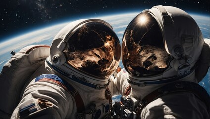 Fototapeta premium Astronauts sharingromantic kiss in zero gravity space, magical moment captured
