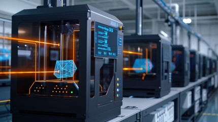 Group of industrial 3D printers creating components, digital network grid representing the flow of instructions and feedback, high-tech smart manufacturing environment, sleek and modern design, focus