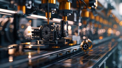 Fototapeta premium Industrial 3D printers in action, producing intricate components, network grid overlay illustrating digital communication, modern factory setting with advanced machinery, emphasis on precision and