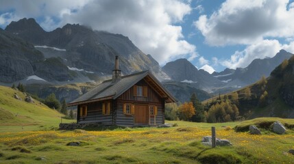 Beautiful panorama view of idyllic rural mountain scenery in the Alps with traditional old alpine mountain hut and fresh green meadows on a sunny day with blue sky and clouds in springtime