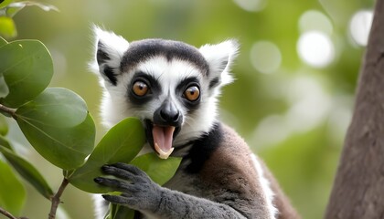 Naklejka premium A Lemur With Its Mouth Full Of Leaves Foraging Fo