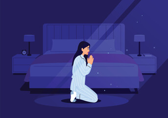 Vector illustration. A girl in a night room kneels with her hands folded and prays in the light of the moon