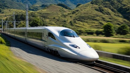 Japanese Shinkansen Bullet Train Speeding Through Urban Landscape at High Speed