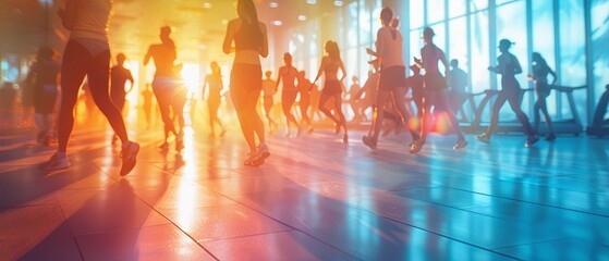 Sunlit gym with energetic crowd of people working out and exercising together, creating a vibrant, motivational atmosphere.