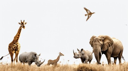 Common Safari Animals gathered together on a white background