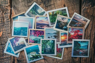 Fototapeta premium Assorted Polaroid Photos Capturing Colorful Flowers and Scenic Landscapes on Rustic Wood