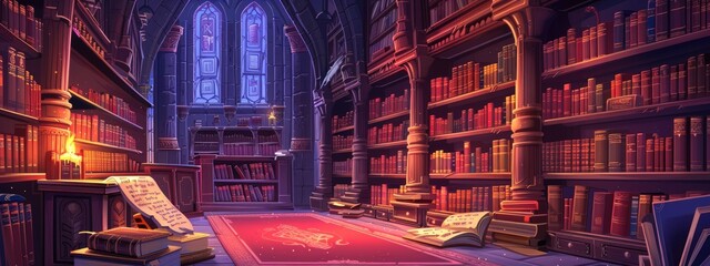 A library in a fabulous castle with ancient scrolls and books.