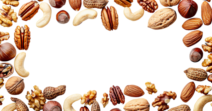 Frame variety of nuts scattered around it. The nuts include almonds cashews walnuts and peanuts cutout on transparent background. Mockup for template product presentation. Copy space.