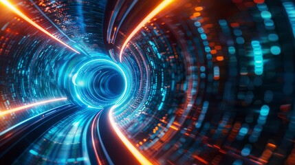 Obraz premium Hypersonic Highway, A Glowing Vortex of Data Represents Unparalleled Speed Abstract background