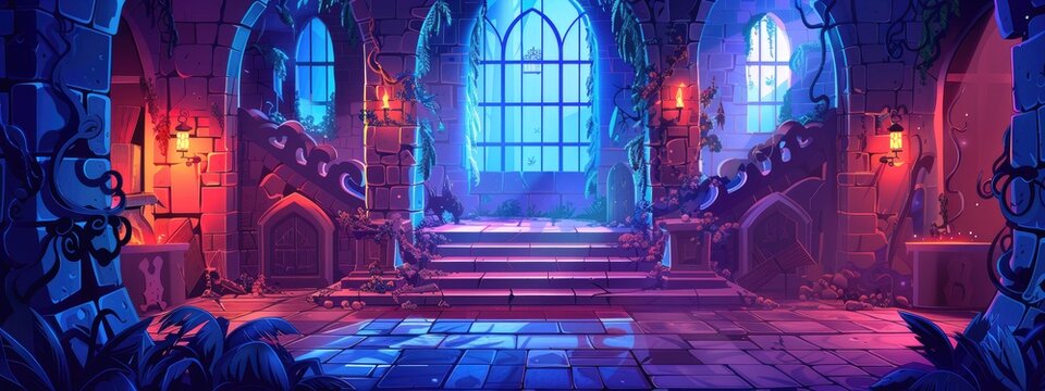 The mysterious interior of a abandoned fairy-tale castle.