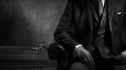 Elegant businessman in a pinstripe suit sits in a luxurious armchair, with a glass of whiskey and cigar on the table.
