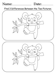 Koala Puzzle. Printable Activity Page for Kids. Educational Resources for School for Kids. Kids Activity Worksheet. Find Differences Between 2 Shapes