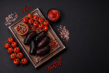Delicious black blood sausage or black pudding with spices and herbs