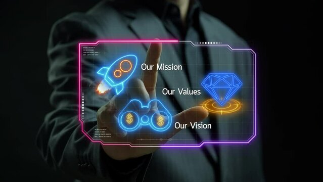 Purpose business concept. Corporate communications to specify policy and business direction. Businessman showing animation of mission, vision, values icons on virtual screen.