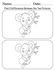 Koala Puzzle. Printable Activity Page for Kids. Educational Resources for School for Kids. Kids Activity Worksheet. Find Differences Between 2 Shapes