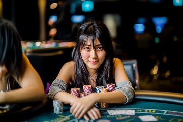 Fototapeta premium A woman sits at a casino table, smiling confidently with stacks of poker chips and playing cards in front of her. The lively atmosphere captures the excitement of a night out gambling.