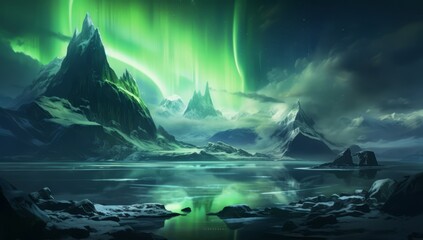 Fototapeta premium Starry Cascades Green Nebula and Snowy Mountain Reflections