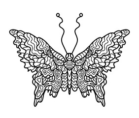 Illustration of a butterfly. Doodle art pattern. Anti-stress coloring page for adult on a transparent background