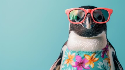 A penguin wearing sunglasses and a hawaiian shirt is ready for summer vacation.
