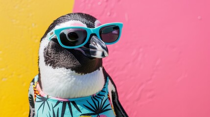 A penguin wearing sunglasses and a hawaiian shirt is standing in front of a yellow and pink background.