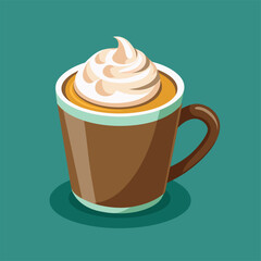 A cup of coffee with whipped cream on top placed on a green background