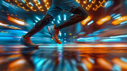 Dynamic runner speeding through a neon light tunnel