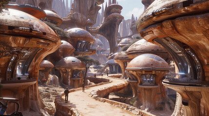 A futuristic city with advanced architecture in a desert landscape, featuring domed structures and pathways
