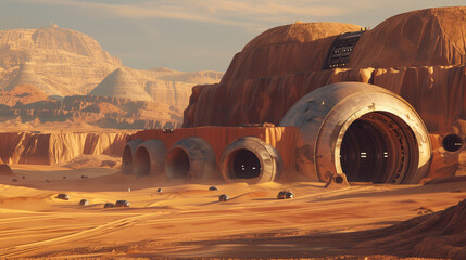 Futuristic desert cityscape with large domed structures and arid mountains in the background
