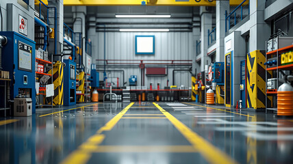 Detailed workplace safety scene with clear hazard signs in bold colors