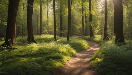 A Forest Trail in Spring: Fresh Greenery, Dappled Sunlight, Serene Nature Scene