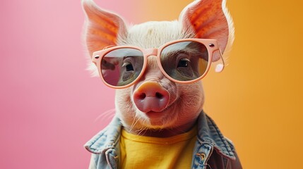 A pig wearing sunglasses and a denim jacket is looking at the camera with its tongue out. The pig is standing against a pink and orange background.