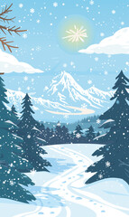 Winter ski resort with mountains in snow. Alps landscape panorama with snowy slopes, hills. Vector illustration