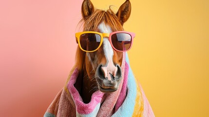 A photo of a horse wearing sunglasses and a towel around its neck. The horse is standing against a pink and yellow background.