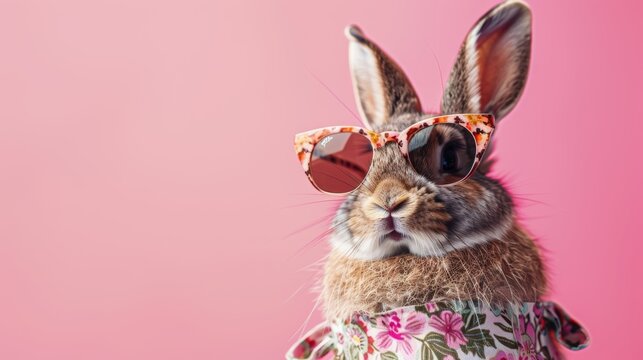 A photo of a rabbit wearing sunglasses and a floral shirt. The rabbit is standing on a pink background and looking at the camera.
