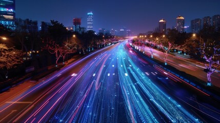 Fototapeta na wymiar Hyperspeed Highways, Glowing Lines Carry the Power of 5G
