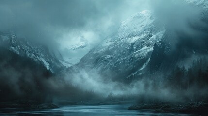 Lake panorama in a foggy morning with glaciers mountain and reflection