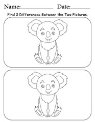 Koala Puzzle. Printable Activity Page for Kids. Educational Resources for School for Kids. Kids Activity Worksheet. Find Differences Between 2 Shapes