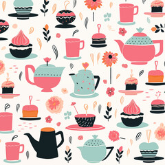 watercolor of the tea and sweets with white background