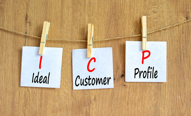 ICP ideal customer profile symbol. Concept words ICP ideal customer profile on beautiful white paper. Beautiful wooden background. Business ICP ideal customer profile concept. Copy space.