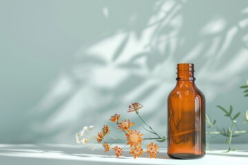 Essential Oil Bottle on Spa Towel with Tranquil Nature Backdrop