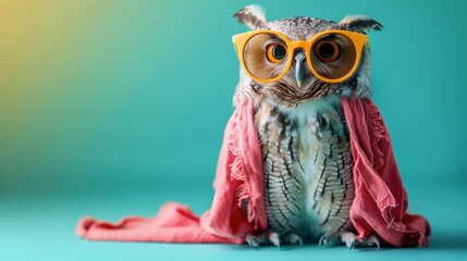 An owl wearing glasses and a pink scarf is sitting on a branch. The owl is looking at the camera with a serious expression.