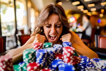 A woman excitedly celebrating a big win at a casino table with a large pile of poker chips in front of her, showcasing emotions and exhilaration.