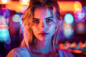 Portrait of a young woman with blonde hair standing under neon lights, with a serious expression. Vibrant and colorful atmosphere.
