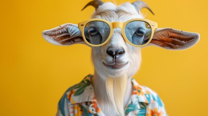 Goat in sunglasses and hawaiian shirt on yellow background