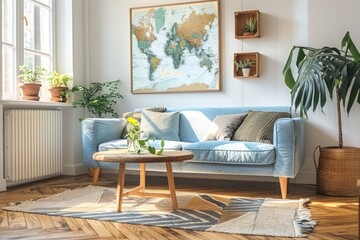 A living room with a blue couch and a world map on the wall