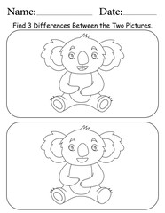 Koala Puzzle. Printable Activity Page for Kids. Educational Resources for School for Kids. Kids Activity Worksheet. Find Differences Between 2 Shapes